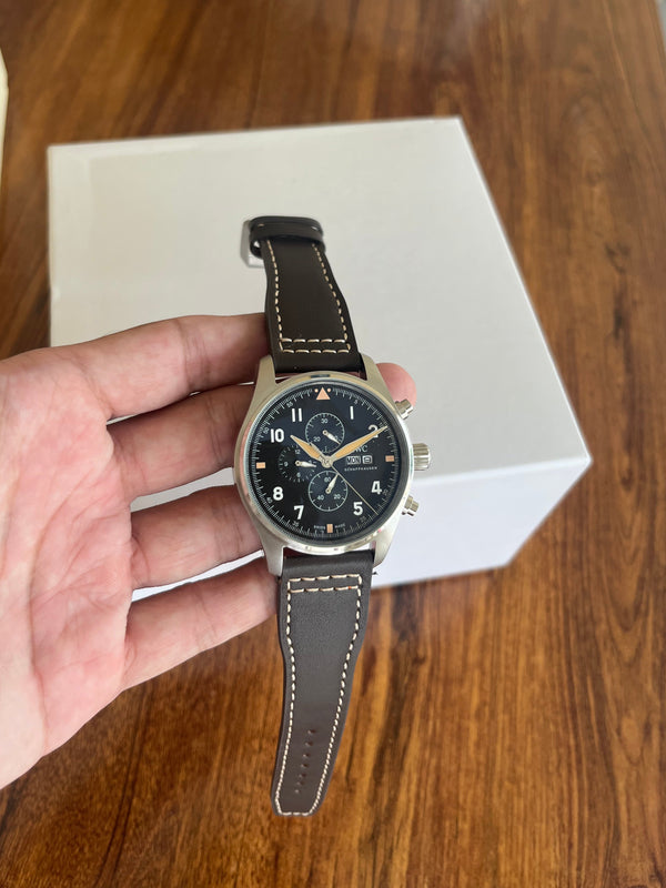 Pilot’s Chronograph Watch - Classic Black/Khaki Dial - Brown Leather Strap