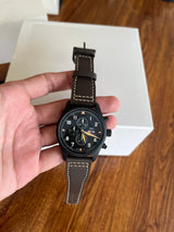 Top Gun Chronograph Watch - Black Case -  Brown Leather Strap