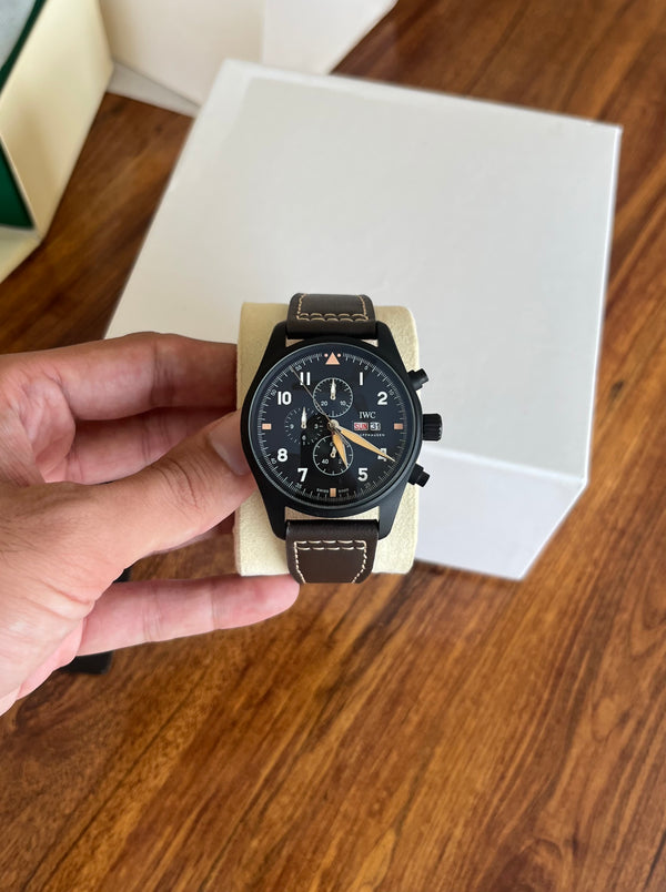 Top Gun Chronograph Watch - Black Case -  Brown Leather Strap
