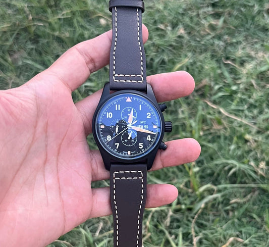 Top Gun Chronograph Watch - Black Case -  Brown Leather Strap