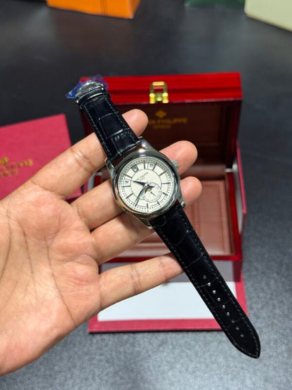 Patek Phillepe Annual calender with Moon Phase - White Dial - Black Leather Strap